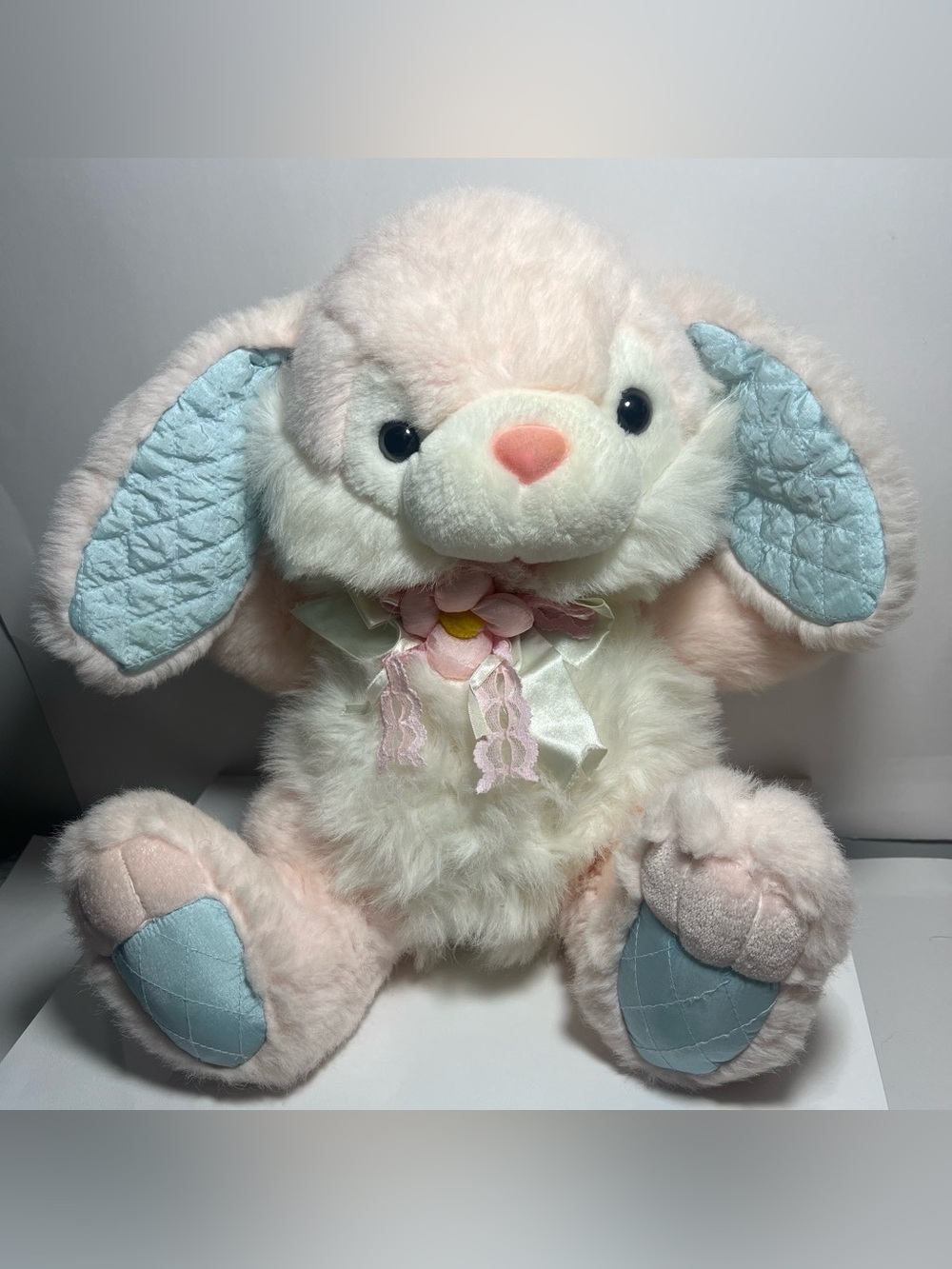 Fairview Plush Stuffed Bunny Rabbit Pink White Blue Floral Ribbon Blue Ears